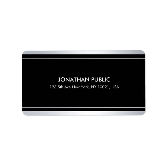 Chic Modern Faux Silver Black Plain Glam Address Label (Front)