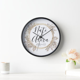 Chic Modern Floral Wreath Wedding Personalized Clock