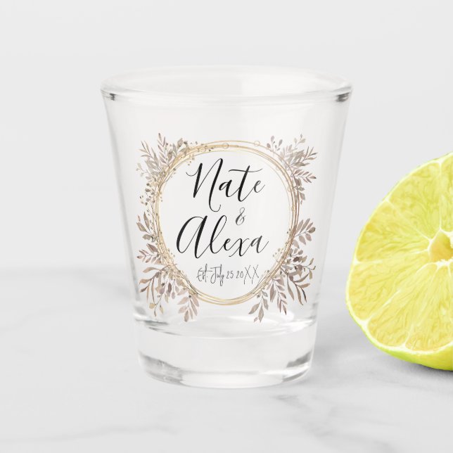 Chic Modern Floral Wreath Wedding Personalized  Shot Glass (Front)