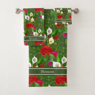 Chic Modern Flowers and Script on Forest Green Bath Towel Set