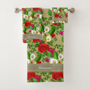 Chic Modern Flowers and Script on Lucky Beige Bath Towel Set
