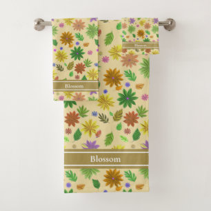 Chic Modern Flowers and Text on Champagne Beige Bath Towel Set