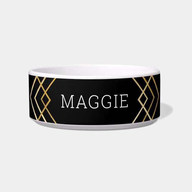 Chic Modern Geometric Art Deco Personalized Pet Bowl (Front)
