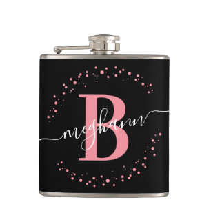Chic Modern Girly Pink Black Name Script Monogram  Hip Flask