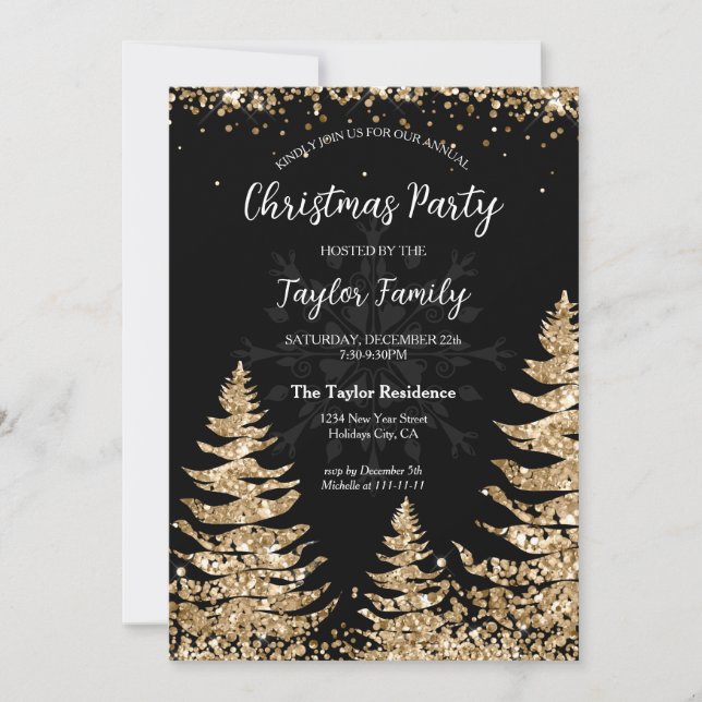 Chic Modern Gold Glitter Christmas Tree Party Invitation (Front)