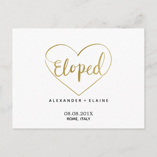 Chic Modern Gold Heart Elopement Wedding Marriage Postcard (Front)
