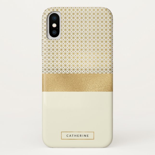 Chic Modern Gold Ivory Stripes Pattern with Name Case-Mate iPhone Case (Back)