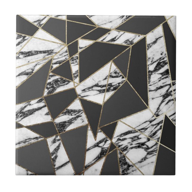 Chic Modern Gold Marble and Black Geometric Tile (Front)