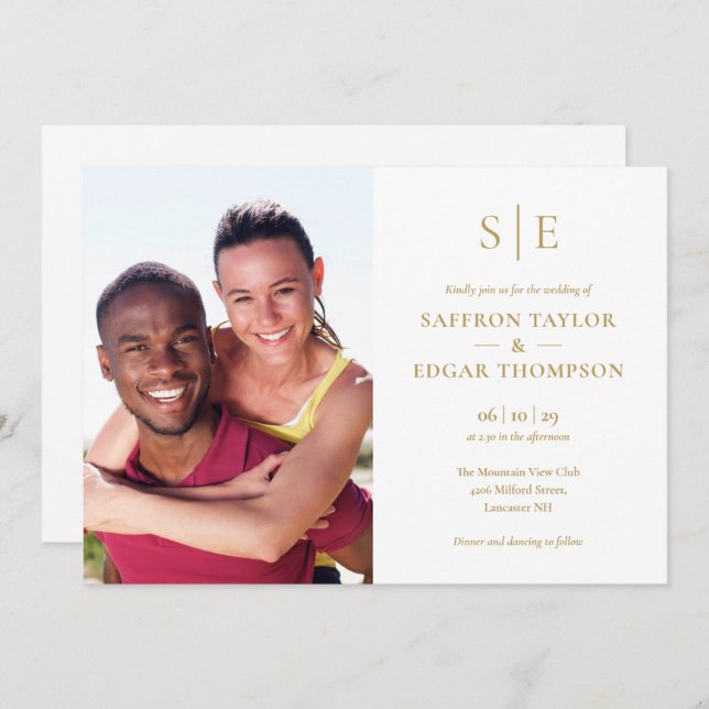 Chic Modern Gold Monogram Photo Wedding Invitation (Front/Back)