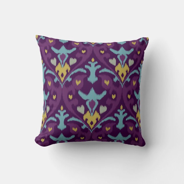 Chic modern gold purple ikat tribal pattern throw pillow (Front)