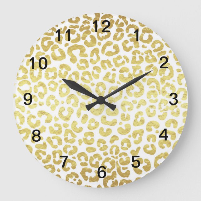 Chic Modern Gold White Leopard Jaguar Cheetah Large Clock (Front)