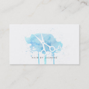 chic modern hairstylist hair watercolor blue business card