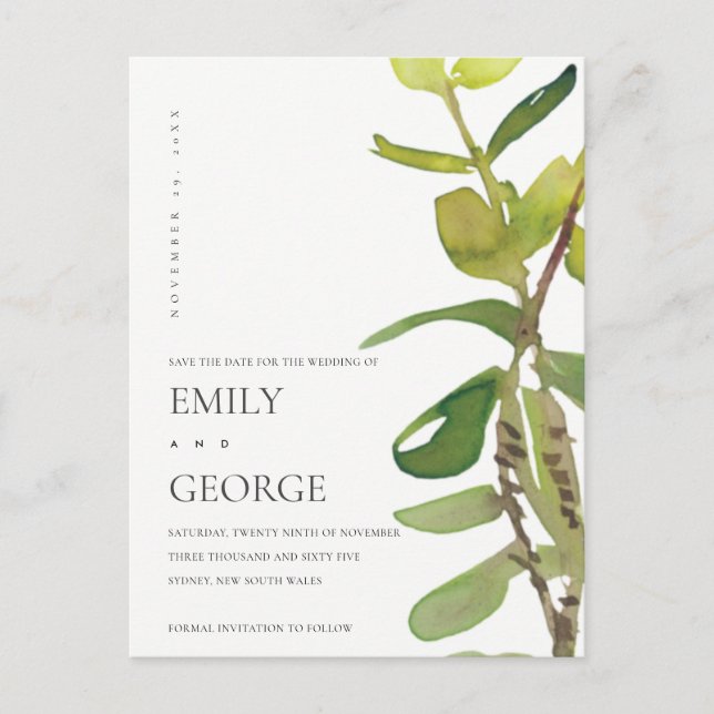 CHIC MODERN LEAFY WATERCOLOR FOLIAGE SAVE THE DATE POSTCARD (Front)