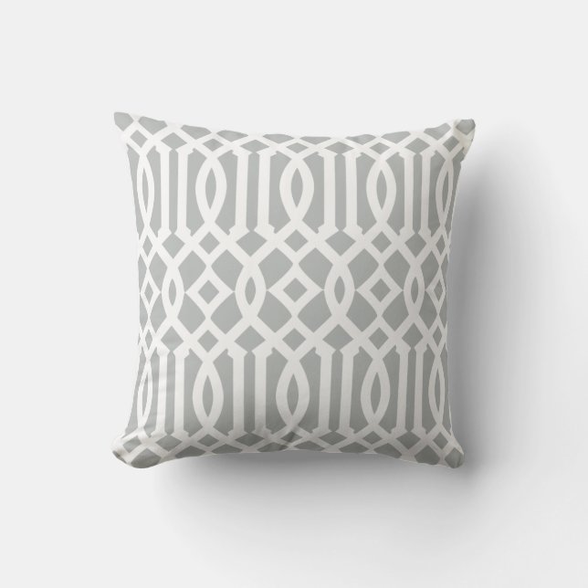 Chic Modern Light Grey and White Trellis Pattern Throw Pillow (Front)