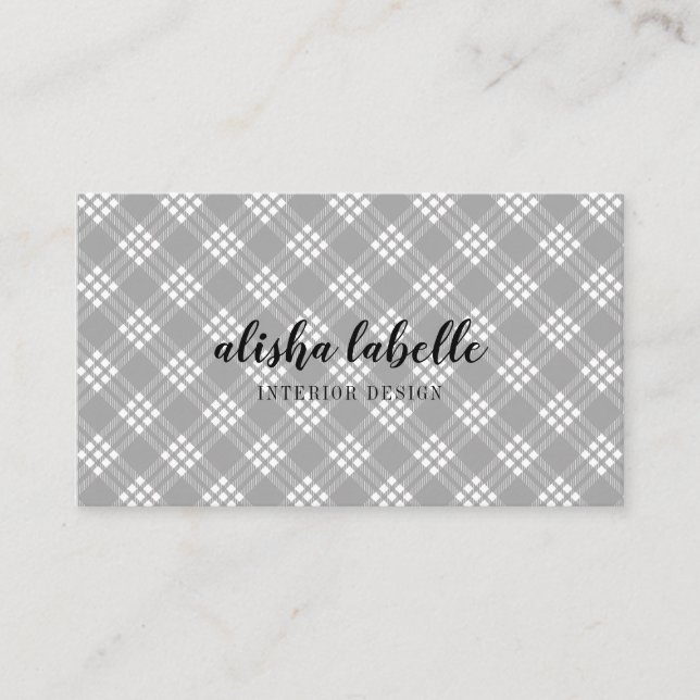 Chic & Modern Light Grey Plaid Business Card (Front)