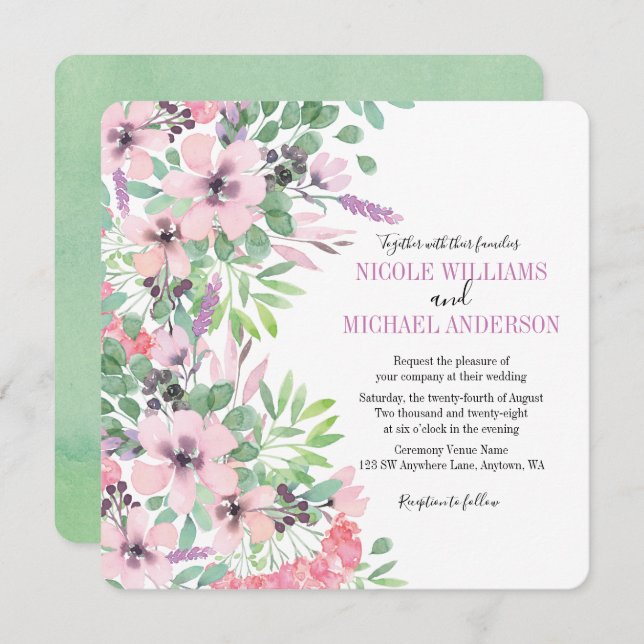 Chic modern Lilac watercolor peony Foliage WEDDING Invitation (Front/Back)