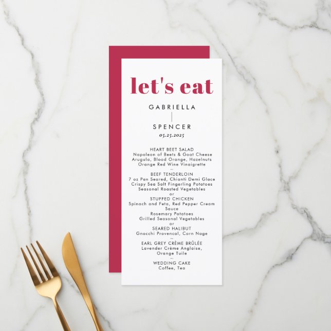 Chic Modern Magenta Red White Monogram Wedding  Menu (Front/Back In Situ)