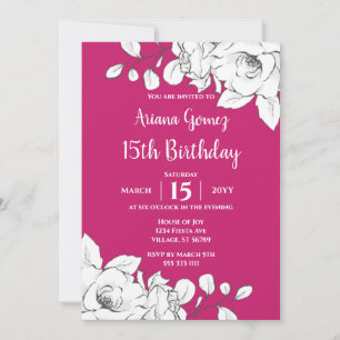 Chic Modern Magenta White Floral 15th Birthday Invitation