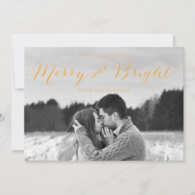 CHIC MODERN MERRY AND BRIGHT GOLD STRIPES PHOTO HOLIDAY CARD (Front)