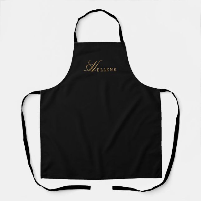 Chic Modern Minimal Black Gold Script Monogram  Apron (Front)