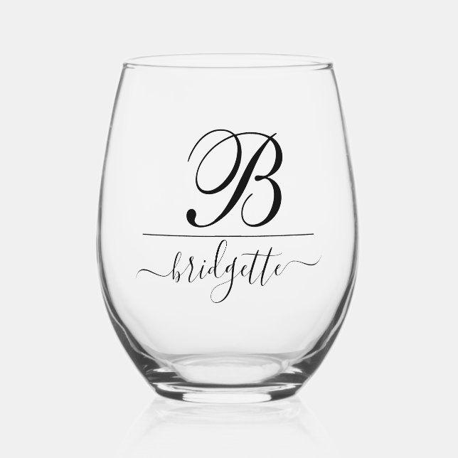 Chic Modern Minimalist Script Monogram Stemless Wine Glass (Front)