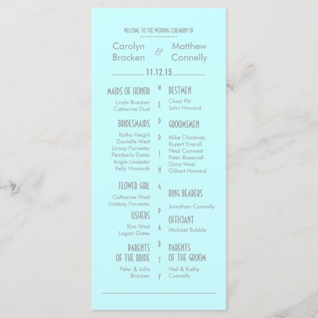 Chic Modern Mint Blue Wedding Program Rack Card (Front)