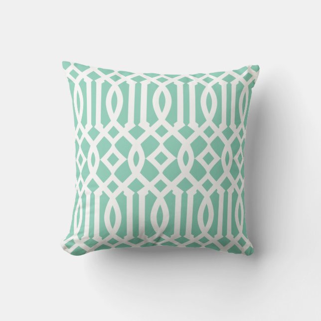 Chic Modern Mint Green and White Trellis Pattern Throw Pillow (Front)