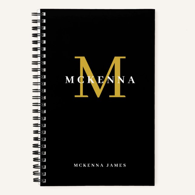 Chic Modern Monogram Black Gold Initial Name Notebook (Front)