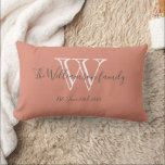 Chic Modern Monogram Family Name Cute Keepsake Lumbar Pillow<br><div class="desc">Chic Modern Monogram Family Name Cute Keepsake Lumbar Pillow. A personalized monogram initial and your family's last name and wedding date in script lettering on a salmon background. Makes a unique cute gift for newlyweds. Lovely for newly weds new life together or for your family room. Click personalize this template...</div>
