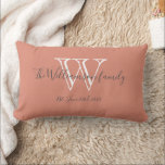 Chic Modern Monogram Family Name Cute Keepsake Lumbar Pillow<br><div class="desc">Chic Modern Monogram Family Name Cute Keepsake Lumbar Pillow. A personalized monogram initial and your family's last name and wedding date in script lettering on a salmon background. Makes a unique cute gift for newlyweds. Lovely for newly weds new life together or for your family room. Click personalize this template...</div>