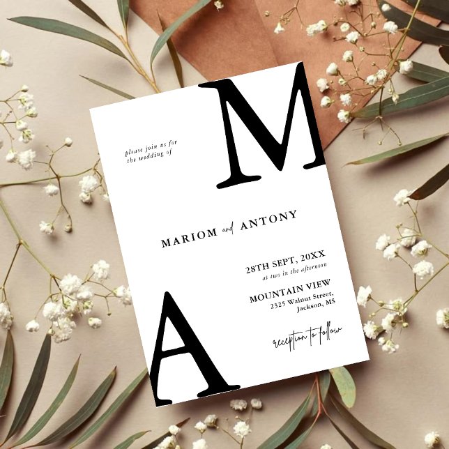 Chic Modern Monogram Initial Black White Wedding Invitation (Chic black and white monogram invitation brings personalized elegance to your wedding day)