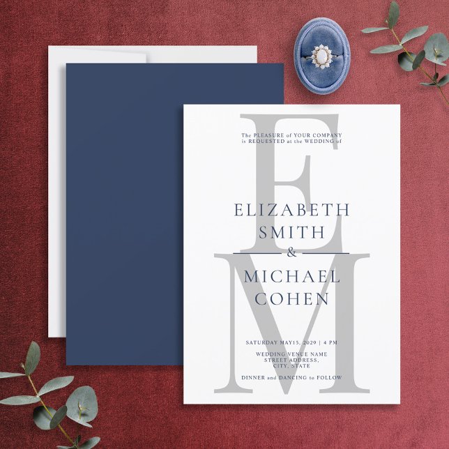Chic Modern Monogram Initial Navy Blue Wedding Invitation (Creator Uploaded)