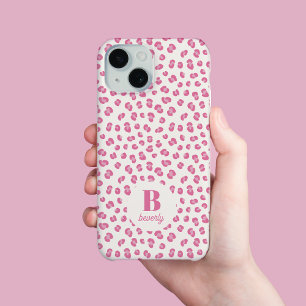 Chic Modern Monogrammed Pink Leopard Print iPhone 15 Case
