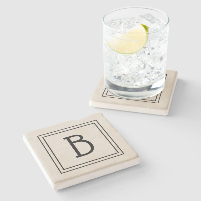 Chic Modern Monogrammed Tan & Black Initial Stone Coaster (Side)