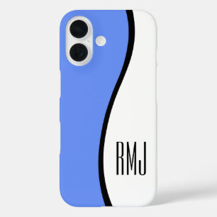 Chic Modern Monogramned Wave Blue Black and White iPhone 16 Case