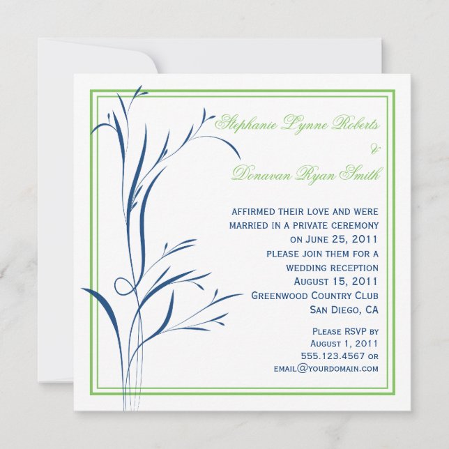 Chic Modern Navy and Green Swirls Invitation (Front)