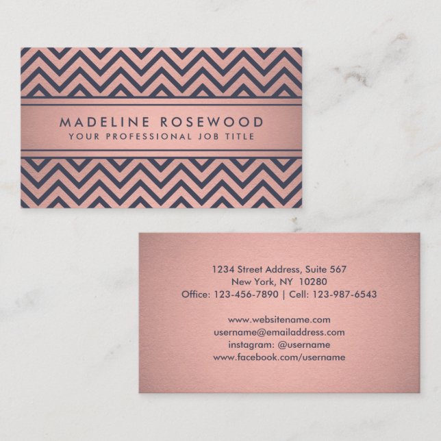 Chic Modern Navy and Pink Chevron Faux Foil Business Card (Front/Back)