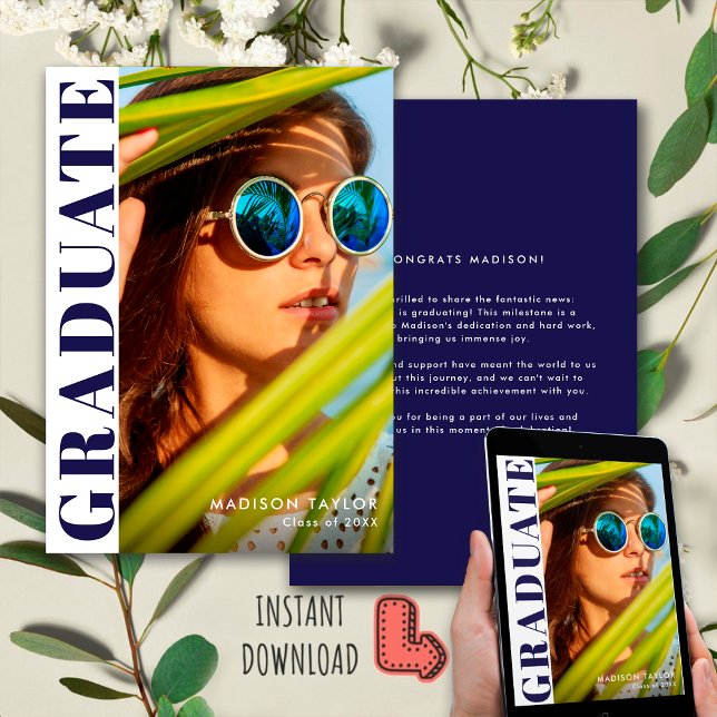 Chic Modern Navy Blue and White Photo Graduation  Announcement (Creator Uploaded)