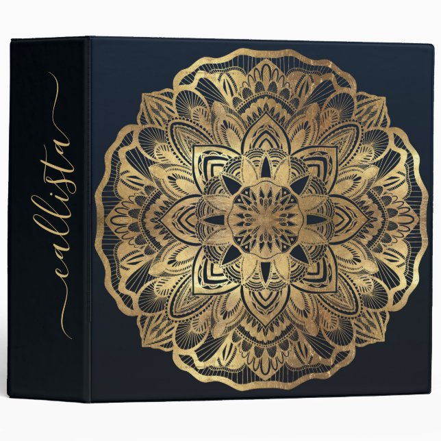 Chic Modern Navy Blue Gold Mandala Binder (Front/Spine)