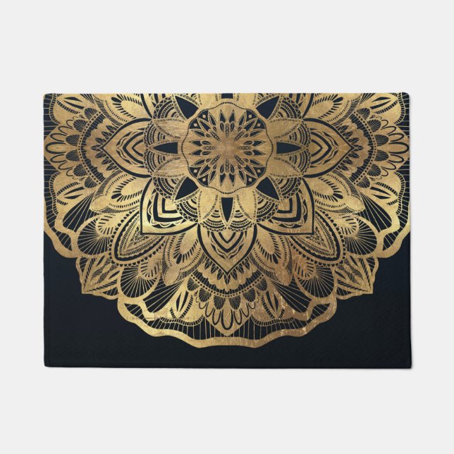 Chic Modern Navy Blue Gold Mandala Doormat (Front)