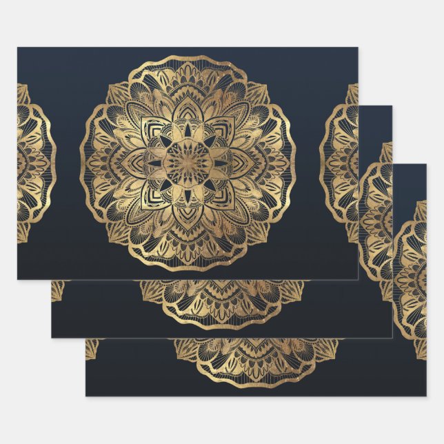 Chic Modern Navy Blue Gold Mandala Wrapping Paper Sheet (Set)