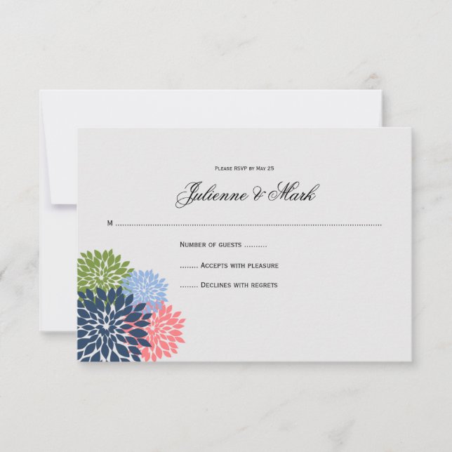 Chic Modern Navy Pink Green Flower Petals RSVP (Front)