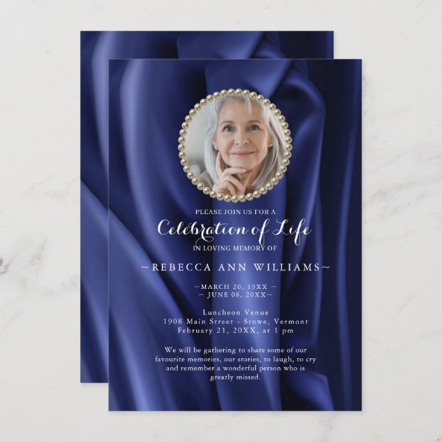 Chic Modern Navy Silky Photo Celebration of Life  Invitation (Front/Back)