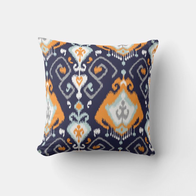 Chic modern orange navy blue ikat tribal pattern throw pillow (Front)