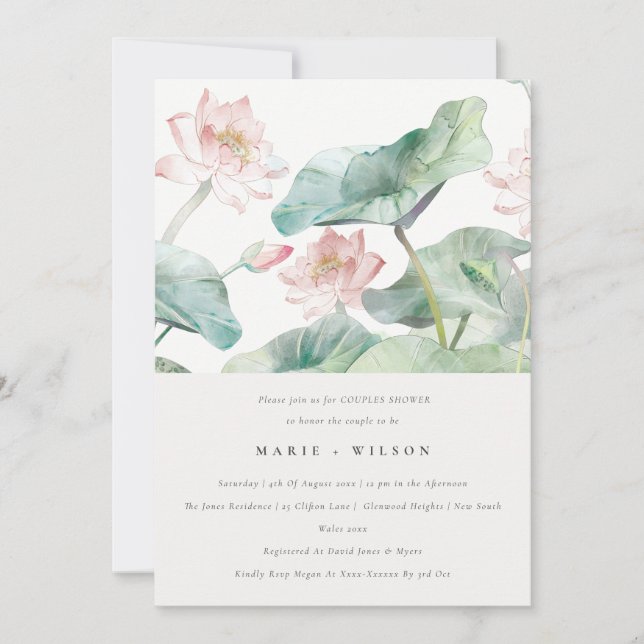 Chic Modern Pastel Blush Waterlily Couples Shower Invitation (Front)