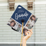 Chic Modern Photo Collage Custom Colour Graduate G Graduation Cap Topper<br><div class="desc">Stand out in the crowd with this chic modern multi photo collage graduation cap topper. Design features a trendy navy blue block that can be changed to any colour, a white mortarbard hat, the graduates name, the text 'Graduate' in white calligraphy script, name of school and class year. Simply upload...</div>