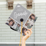Chic Modern Photo Collage Custom Colour Graduate Graduation Cap Topper<br><div class="desc">Stand out in the crowd with this chic modern multi photo collage graduation cap topper. Design features a trendy grey block that can be changed to any colour, a white mortarbard hat, the graduates name, the text 'Graduate' in white calligraphy script, name of school and class year. Simply upload 5...</div>