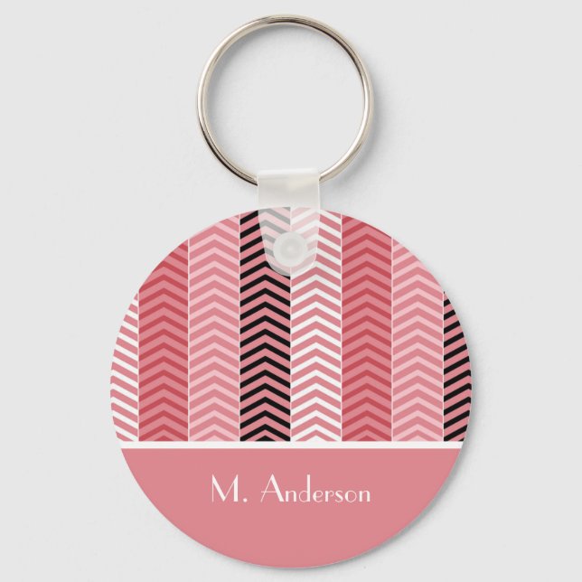 Chic Modern Pink Chevron Stripes With Name Keychain (Front)