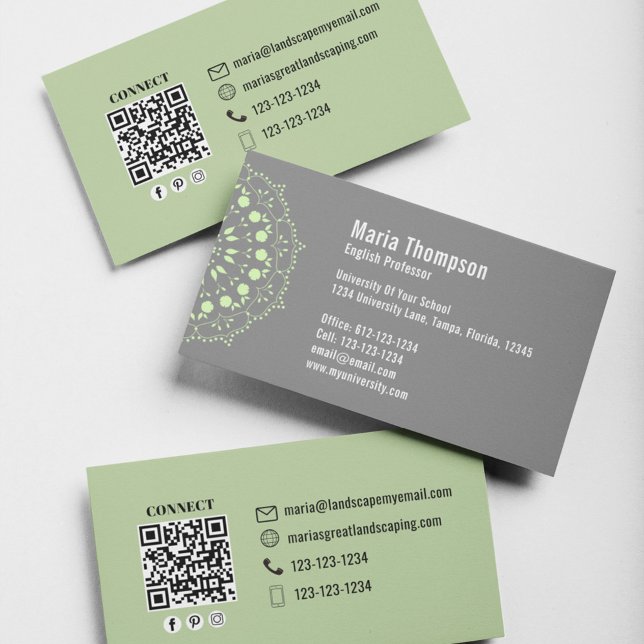 Chic Modern Professional Green and Grey QR Code Business Card (Business card with green and grey contemporary design. with a scannable QR code.)
