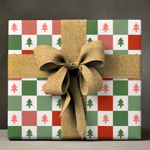 Chic Modern Red Green Chequerboard Christmas Tree Wrapping Paper